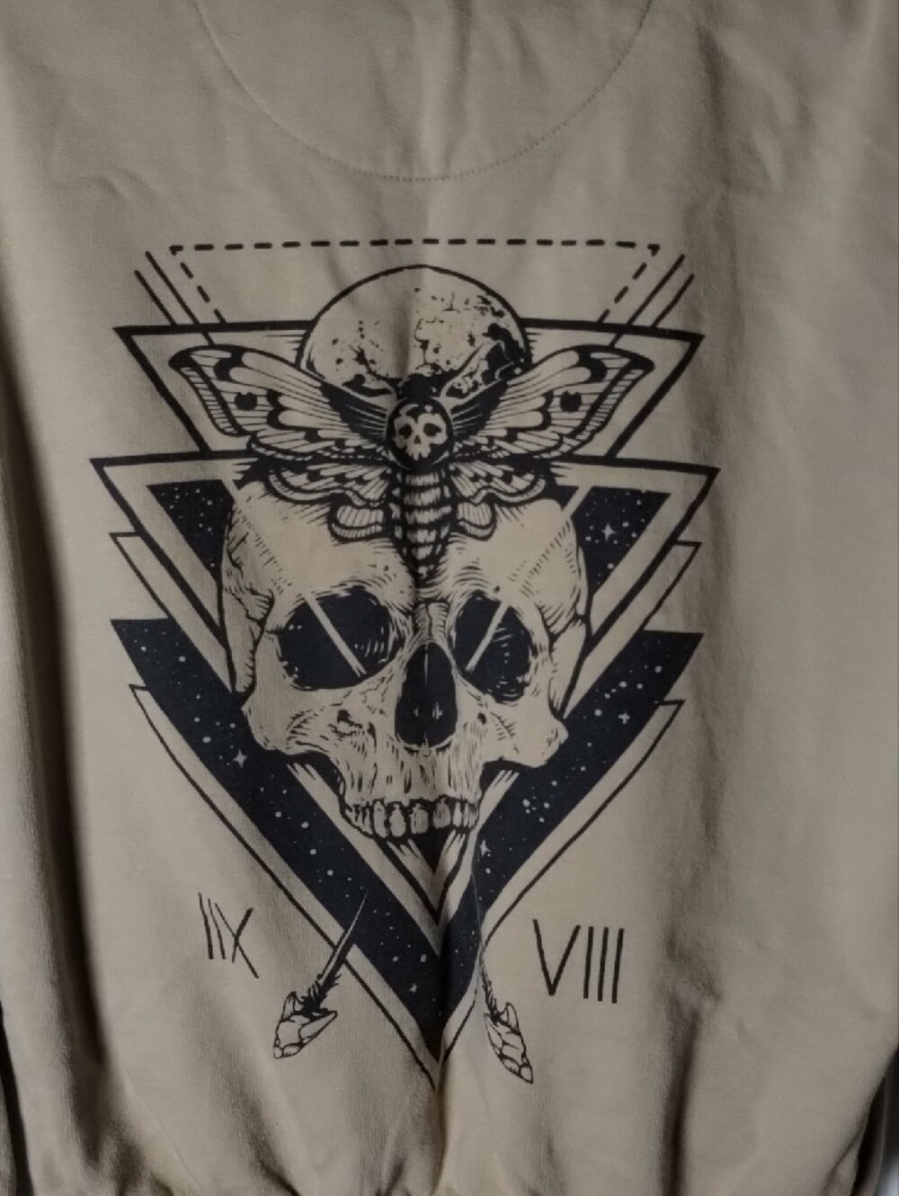 SCW Men's Tan Hoodie with Small Front Skull And Large Back Graphic. Med